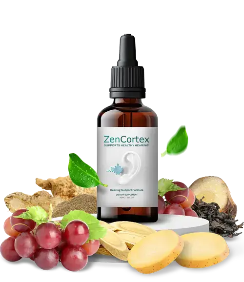 ZenCortex bottle surrounded by natural ingredients including grape seed, green tea, and ginseng