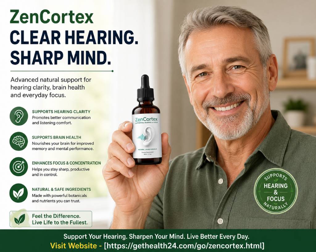ZenCortex hearing and focus supplement bottle held by a satisfied user