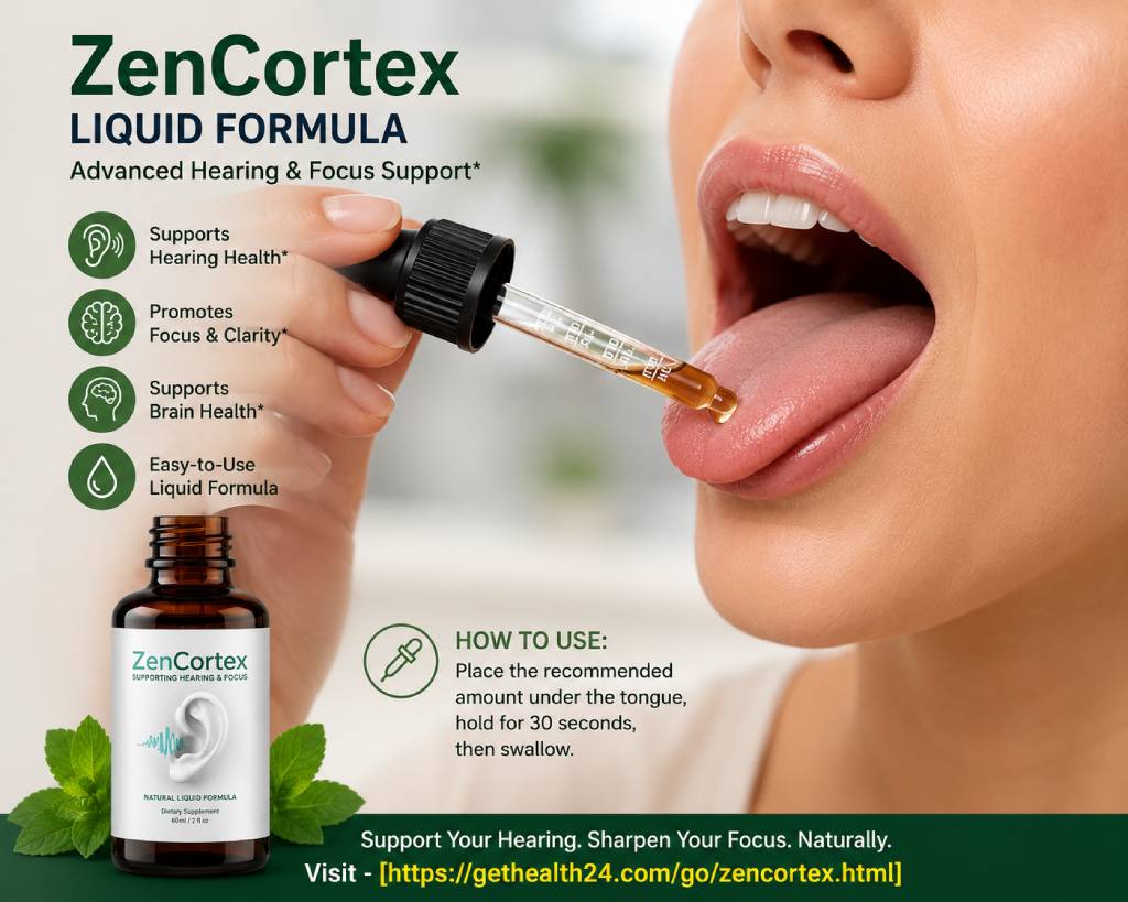 ZenCortex liquid dropper being placed under the tongue for hearing and focus support